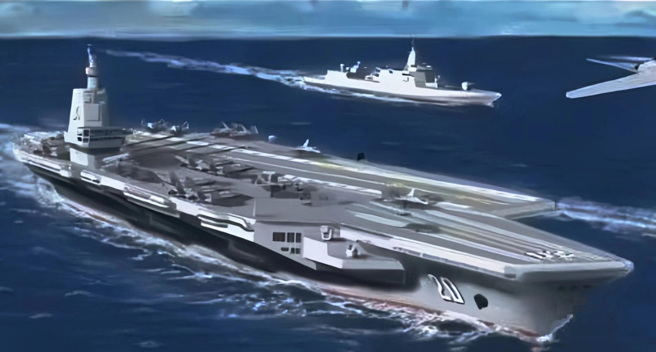 江南造船厂曾在官方帐号上发布消息，搭配一艘无排烟道航空母舰外加2艘护卫战舰，其中航母舷号标为「20」，被外界认为在建第2艘航母将是核动力航母。（图／江南造船厂）