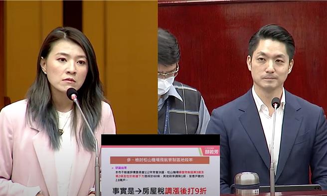 民进党台北市议员顏若芳（左）表示，松山机场周围的民眾长期受到噪音与难以都更影响，应效法桃园市政府做法，调降桃机周围住户的房屋税。对此台北市长蒋万安（右）允诺，3个月内会研议相关税收制度，以及了解桃园机场实际状况，并于2025年通盘研议。（摘自北市议会直播系统／丁上程台北传真）