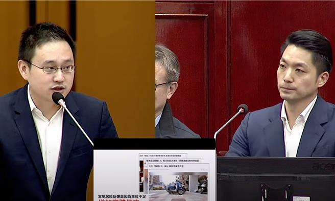 民进党台北市议员赵怡翔（左）质疑，台北市的「机退2.0」计画中，主次要干道竟然包含市民、建国等高架道路，其中高达三分之一路段本来就没有机车停放区。（摘自北市议会直播系统／丁上程台北传真）