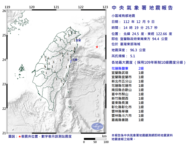 台灣東部海域發生14：19規模5.1地震。（翻攝自氣象局）