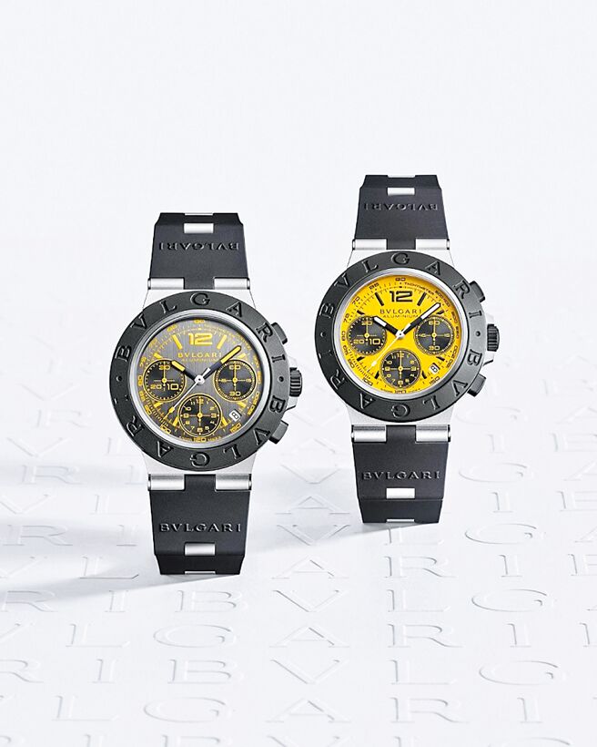 寶格麗與賽車電玩遊戲合作，推出兩款BVLGARI Aluminium x Gran Turismo聯名表。（BVLGARI提供）