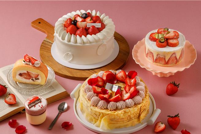 「法朋」今年的草莓季推出草莓歐牧蛋糕捲(左起順時鐘)、草莓純生鮮奶油蛋糕、草莓芙蓮、草莓22階、草莓布丁等多款主題商品。(法朋烘焙甜點坊提供)