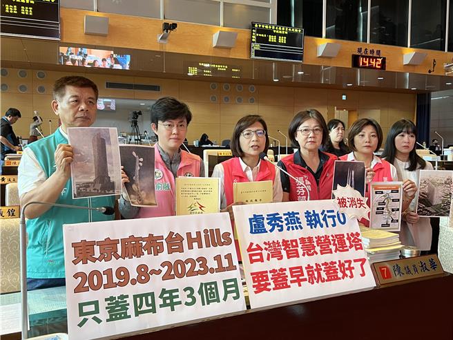 市议员陈淑华、陈雅惠、陈俞融、谢家宜及萧隆泽11日联合质询，怒批台湾塔规画长达10多年，在现任市长卢秀燕5年任期进度竟是0。(林欣仪摄)