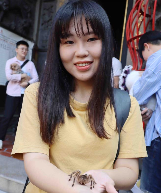 飼主把蜘蛛帶來廟裡，為小寵物點平安燈。（呂妍庭攝）