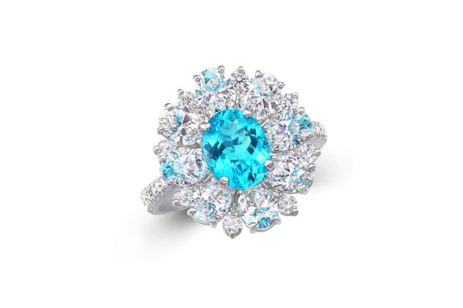 1.23克拉 巴西帕拉依巴 Paraiba 戒指，380萬元。（Diamond Bank提供）