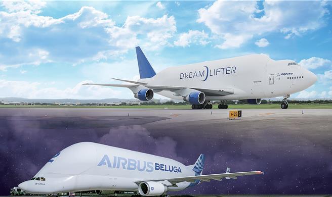 机场公司发表2024年「疫后的展翅」桌历。图为5月桌面。无论是空中巴士 A300-600ST( 大白鲸 ) 或是波音 747-400 LCF( 波音 747 梦想运输者 )，皆是拥有超大机腹空间的特殊货机，负责从各国载运新机半成品到总厂进行最后组装，分属两大飞机制造集团。而全球仅有 4 架的波音 747-400 LCF 货机，皆是波音集团收购退役客机之后，飞至桃园国际机场，交由长荣航太改装而成，其中的 2 号机和 3 号机即来自于中华航空。 ( 日：波音 747-400 LCF、夜：空中巴士A300-600ST )（机场公司提供／陈麒全桃园机场传真）