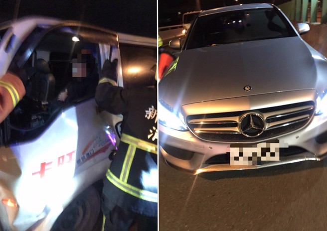 货车追撞前方宾士车，导致货车驾驶脚部夹困。（翻摄画面）