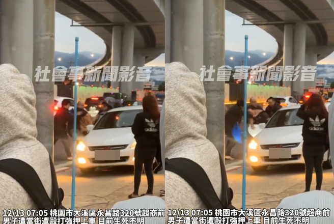 桃园大溪街头嚣张掳人，3恶煞狂殴赤膊男押上车。（翻摄「社会事新闻影音」）