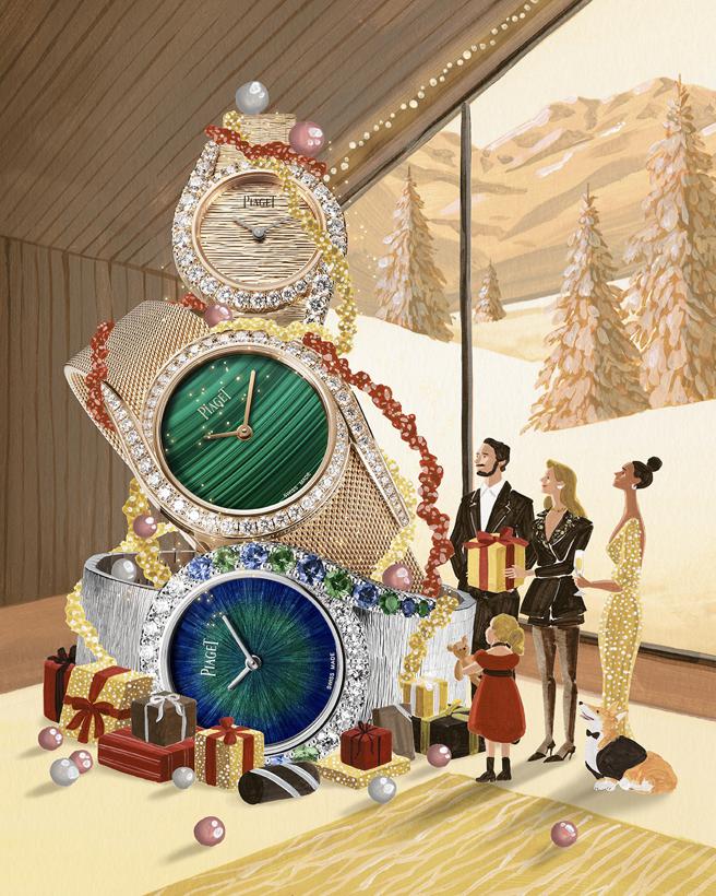 伯爵邀请插画家Yukiko Noritake以Limelight Gala珠宝表为灵感，打造奢华炫丽的耶诞树艺术装置。（PIAGET提供）