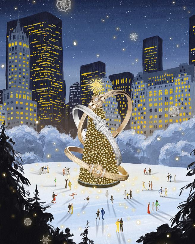 伯爵Possession宫廷饰雕刻饰纹手鐲点亮了耶诞树，为纽约市夜景更添奢华。（PIAGET提供）