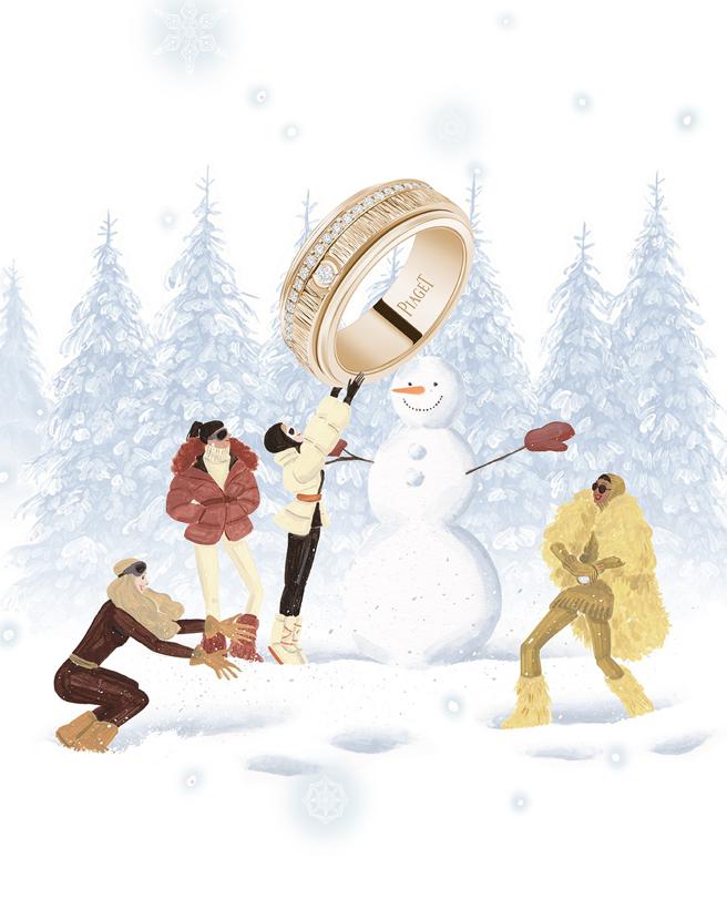 伯爵Possession玫瑰金宫廷式雕刻饰纹戒指，在冬日雪景中闪耀光芒。（PIAGET提供）