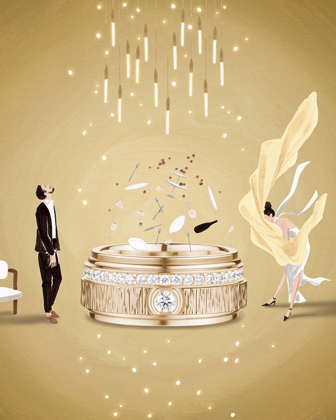 伯爵Possession玫瑰金宫廷式雕刻饰纹宽版戒指，「圆」和「转动」设计语汇，生动描绘佳节团圆和温馨的气氛。（PIAGET提供）