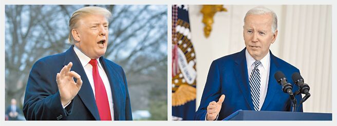 川普（左圖）與拜登（右圖）再次對決的態勢愈發明朗，《華爾街日報》日前公布民調顯示，川普以47％支持度領先拜登的43％。（美聯社）