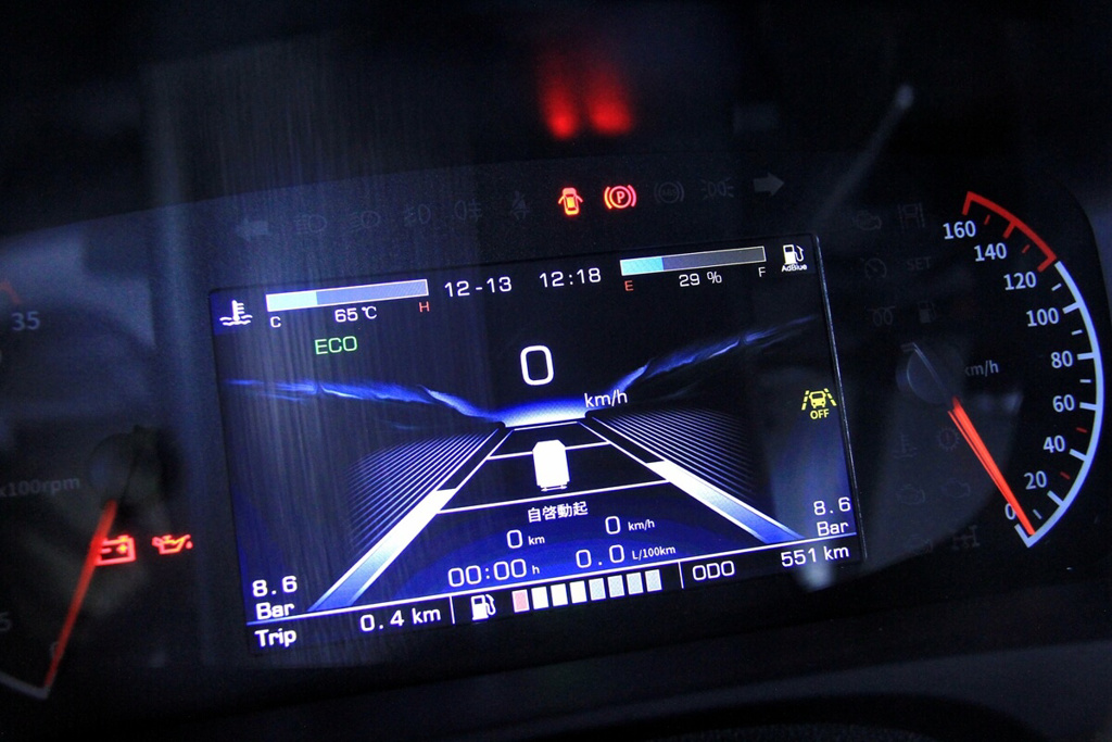 全數位化駕駛儀錶兩側白線顯示的不是車道維持的標線，而是左右兩側氣壓煞車系統即使的氣壓剩餘顯示。此外，數位化儀錶還附上當前狀況檢查錶，以及當前故障與歷史紀錄，協助司機隨時掌握狀況。(圖/Carstuff)