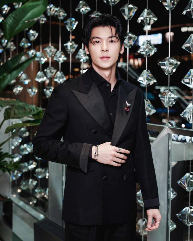 许光汉佩戴石上鸟红宝石胸针和Lock系列珠宝，出席上海巨型Tiffany蓝盒耶诞造景点灯活动，帅气破表。（Tiffany & Co.提供）