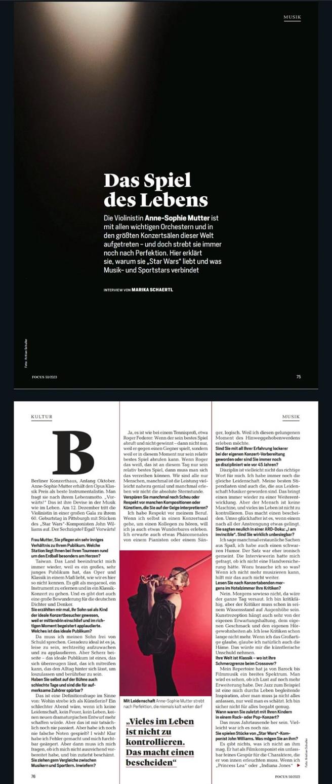 永远的小提琴天后安．苏菲－慕特，近期获得2023年德国Opus Klassik最佳乐器演奏家，她接受《FOCUS》杂志专访，被问到从小到大去过那么多个国家演出，哪一站对她特别重要？她直截了当地回覆是台湾。（李欣恬翻摄自《FOCUS》杂志内页）