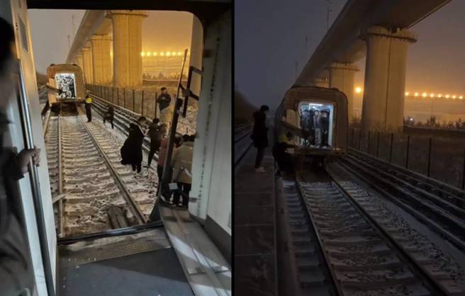 北京地鐵昌平線14日晚間驚傳車廂連接處斷裂造成停駛，北京地鐵官方回應，車輛突發故障，正在組織緊急救援疏散。（合成圖/翻攝自微博）