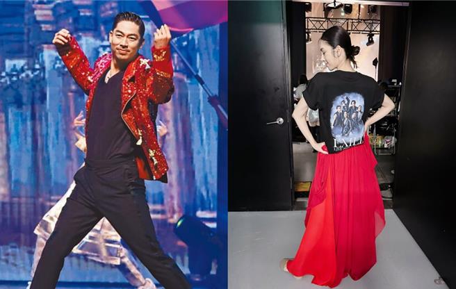 AKIRA所屬的放浪兄弟日前在台舉辦演唱會，與廖奕琁（右）一同在台上跳舞。（資料照片、凱渥提供）