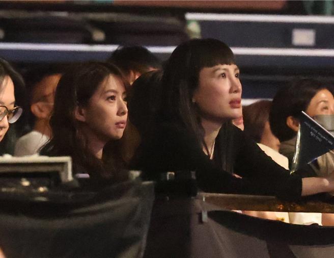 林宥嘉15日在台北小巨蛋开唱，太太丁文琪（左）坐在台下力挺，魏如萱为右。（粘耿豪摄）