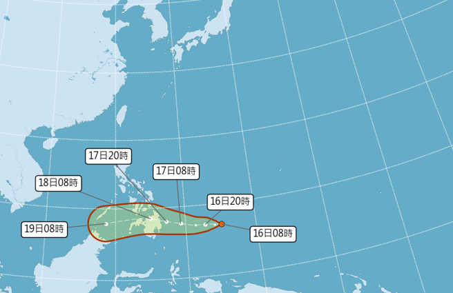 今天上午8点有一热带性低气压生成，以每小时19公里速度向西进行。（中央气象署提供）
