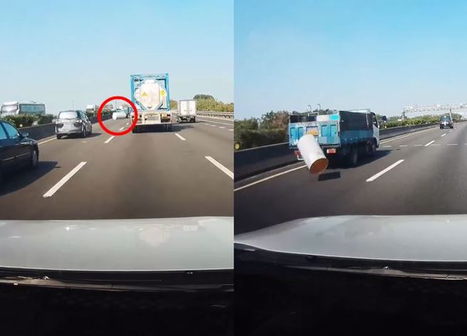 國道驚見貨車噴「2鐵桶」，後車車主叭好幾聲，仍沒回應，還疑似加速離開。（圖／翻攝自臉書爆料公社）