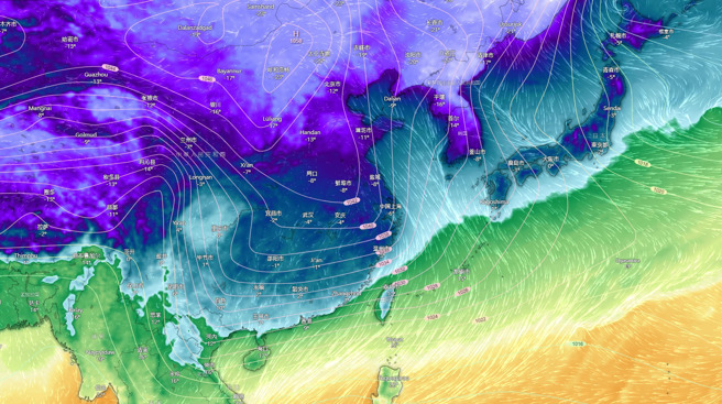 周三强烈冷气团再袭台，台湾急冻。图为欧洲数值模式周五(22日)清晨温度分布。(翻摄自 台湾颱风论坛｜天气特急FB)
