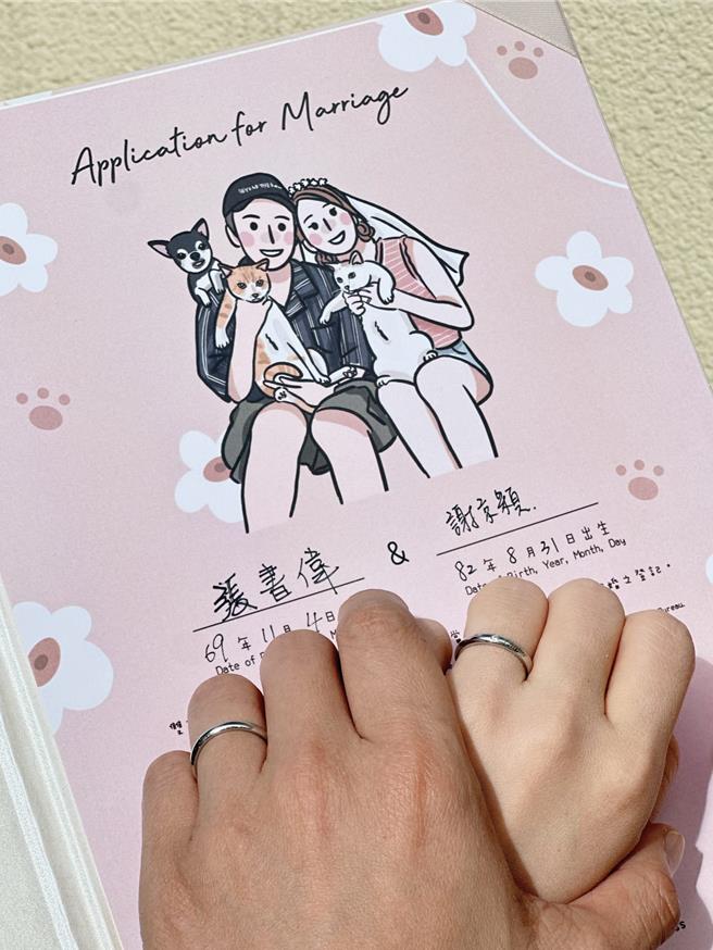 張書偉和謝京穎秀出婚戒和結婚書約分享喜訊。（傳軒提供）