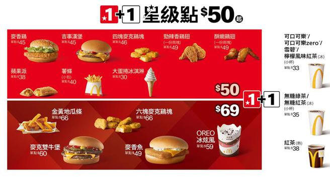麦当劳「1＋1星级点」不只有50元，更有69元新组合，持续提供消费者多元又超值的美味选择。图／麦当劳提供
