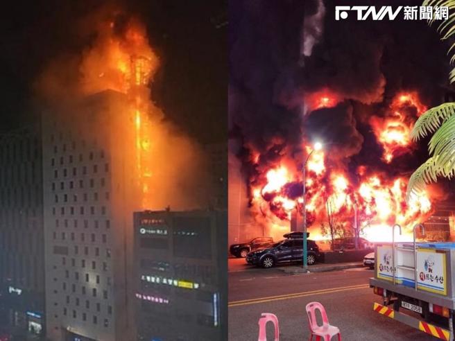 南韓仁川市一家飯店的停車塔發生大火，火勢相當猛烈。（圖/翻攝X）