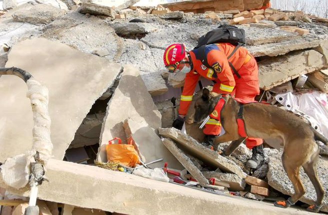 救援人员在甘肃省临夏州积石山县大河家镇进行救援。（新华社） 