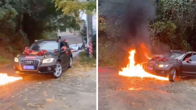 炮竹點燃地上燃油，迅速追上婚車把其燒毀。（翻攝畫面）