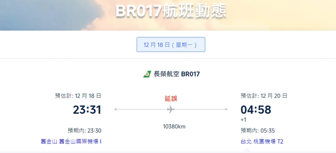 事發BR017航班。(圖／取自Trip航班時刻表)