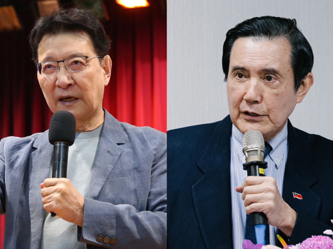 趙少康(左)舉前總統馬英九(右)曾倡議的不統、不獨、不武方針，強調兩岸和緩就無兵凶戰危。（合成圖／中時資料照）