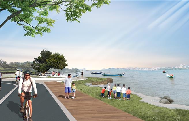 八里米倉打石地景公園則結合八里地區著名的打石產業文化，利用既有自行車及步道串聯，紓解渡船頭擁擠人潮，預計2024年4月前完工。圖為模擬圖。（新北市高灘處提供）