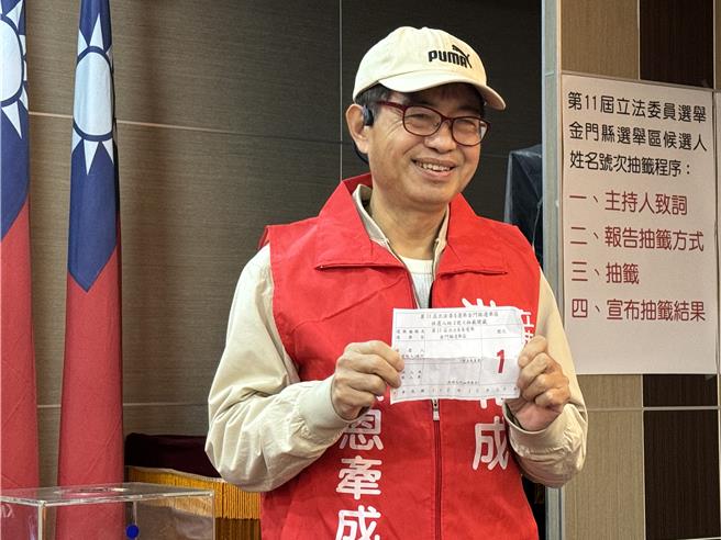 無黨籍洪和成抽中1號，高喊「一馬當先、金門優先」。(于家麒攝)