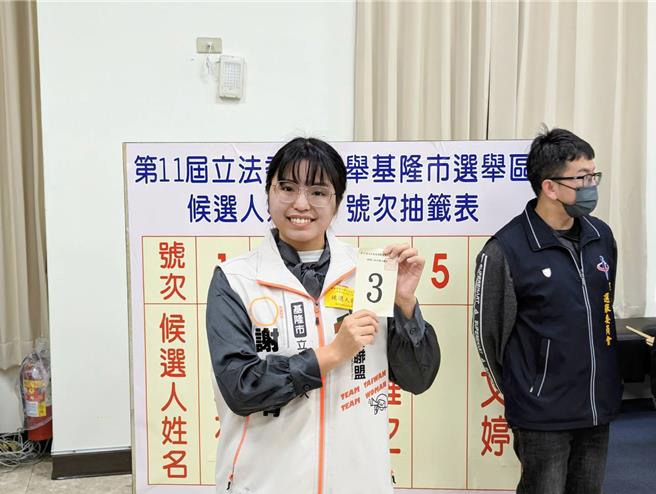基隆市選委會20日進行立委選舉號次抽籤，歐巴桑聯盟立委候選人謝海菁抽到了3號。（張志康攝）