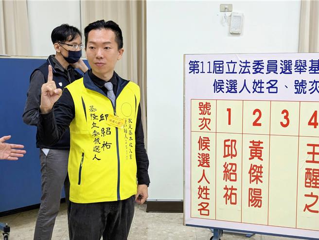 基隆市選委會20日進行立委選舉號次抽籤，家庭基本收入黨立委候選人邱紹祐抽到1號。（張志康攝）