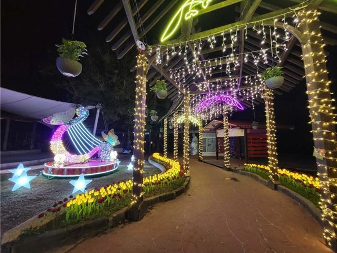 台中市石岡區花樣燈節於12月17日開跑，夢幻指數破表，開展來人潮不斷，展現出石岡山城特色。（東勢警分局提供／張妍溱台中傳真）