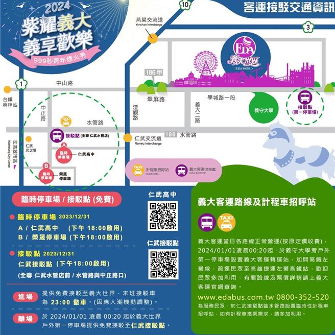 今年跨年适逢连续假期，义大世界周边道路将实施3阶段交通管制，并提供免费接驳服务，以及散场加开义大客运前往高铁左营站，欢迎民眾多加利用。（义大世界提供／林雅惠高雄传真）