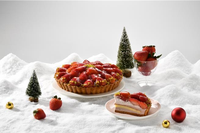 「歡樂鮮莓派」鮮紅欲滴的草莓如紅寶石般整齊地堆疊在厚實酥脆的塔皮上，甜度與風味絕佳，6吋售價1180元。 （亞尼克提供）