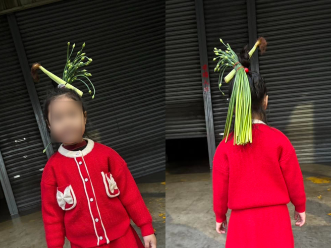 一位菜贩爸爸分享女儿的耶诞节变装，是他用韭菜花、玉米笋改造而成。（翻摄自爆废1公社脸书）