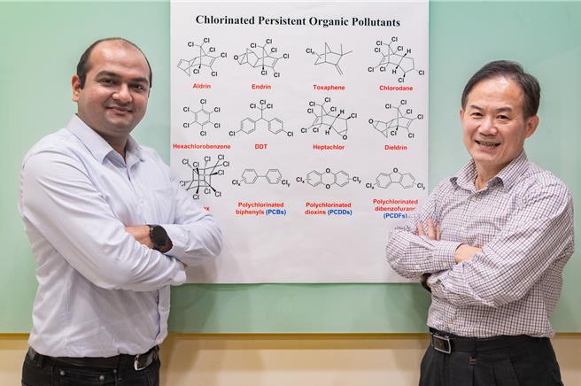 清華特聘教授黃國柱（右）及博士後研究員魏珀組成的研究團隊成功分解戴奧辛等持久性有機汙染物。（清大提供／王惠慧新竹傳真）