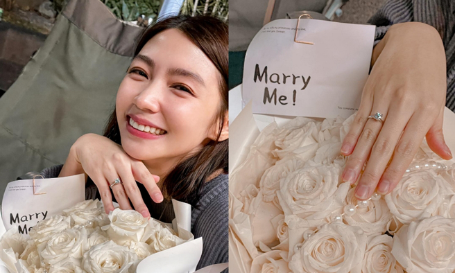 曾智希笑说虽然泪水模糊视线，但眼里还是只有钻戒。（图／摘自曾智希脸书）