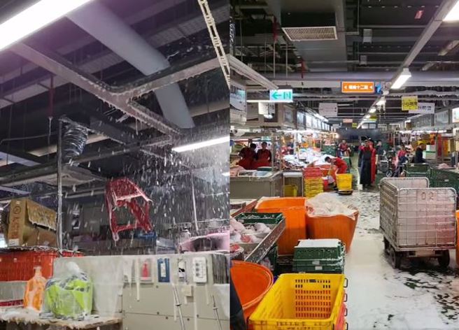 有女子在网上爆料，今(21)日凌晨1时许，北市环南市场疑似消防管线故障，导致不少摊贩的生鲜食材都被盖上一层泡沫。（图／翻摄自脸书爆料公社公开版）