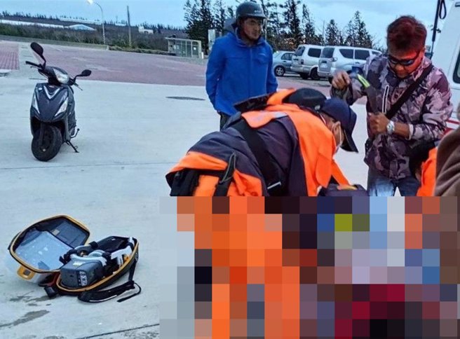 2023年12月21日澎湖县／离岛交通船助手20日摔落码头OHCA，王男满脸血，在交通船船长、岸巡安检弟兄和警消接力急救下送医。（民眾提供／许逸民澎湖传真）