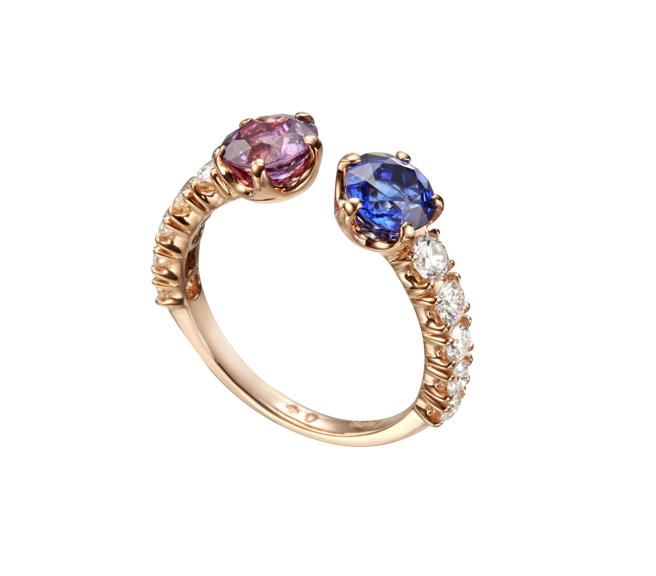 L’Heure Du Diamant系列戒指，主石為紫羅藍色藍寶石和粉色藍寶石，53萬9000元。（CHOPARD提供）