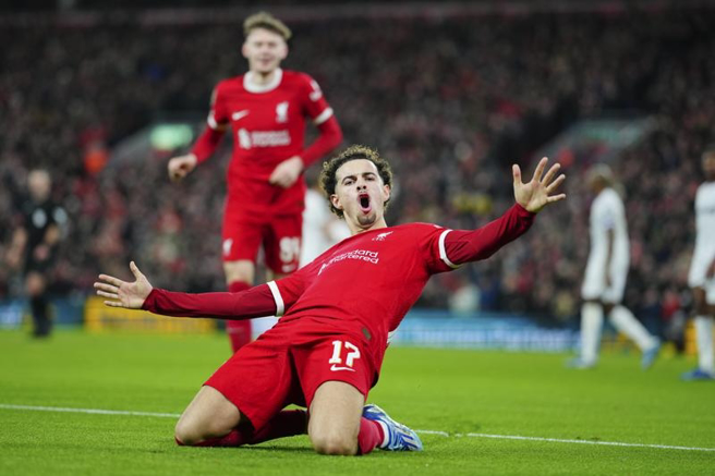 利物浦Curtis Jones庆祝得分。（美联社）