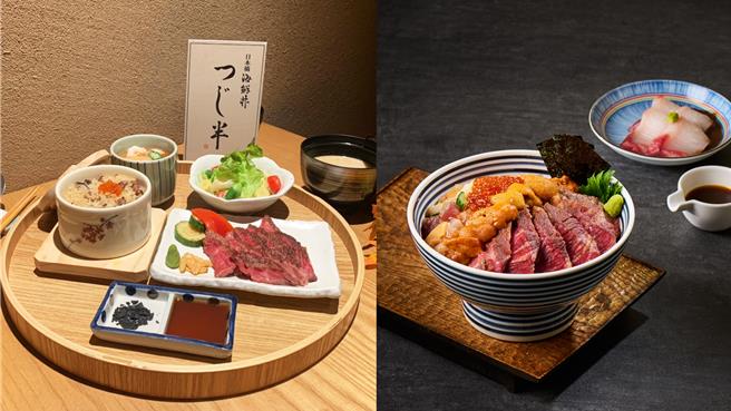日本橋海鮮丼辻半「特級牛排御膳」（左）1099元、「焱·珠寶盒」999元。（香繼光集團提供／朱世凱台北傳真）