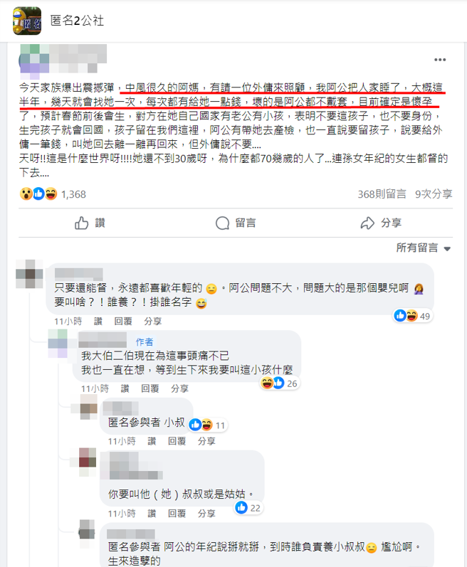 有网友在网上抱怨，因为阿嬷中风卧床，请了女看护照顾，不料，阿公竟然「不戴套」把对方睡了，还导致怀孕。（图／翻摄自脸书匿名2公社）