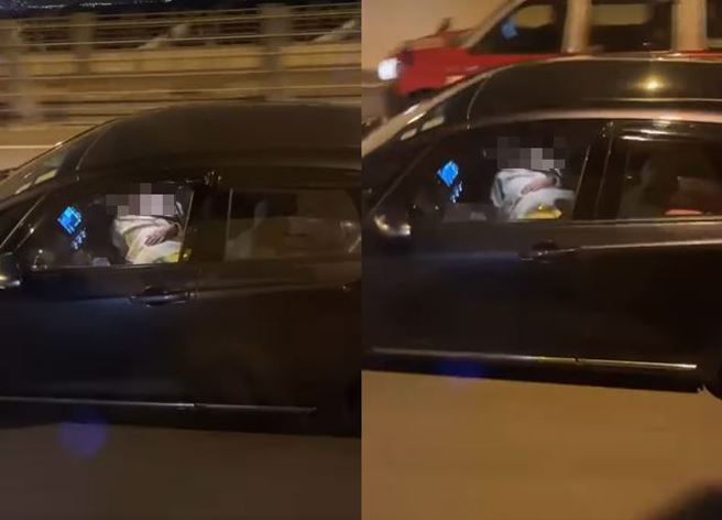 有驾驶行驶在桥上，惊见右方车辆车内的妹子竟「上下左右」不明晃动。（图／翻摄自脸书香港突发事故报料区及讨论区）